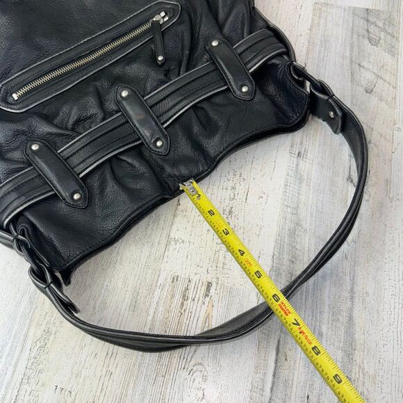 Cole Haan Black Leather Pebbled Satchel Handbag Metallic Trim Large Bag Purse - Picture 6 of 8